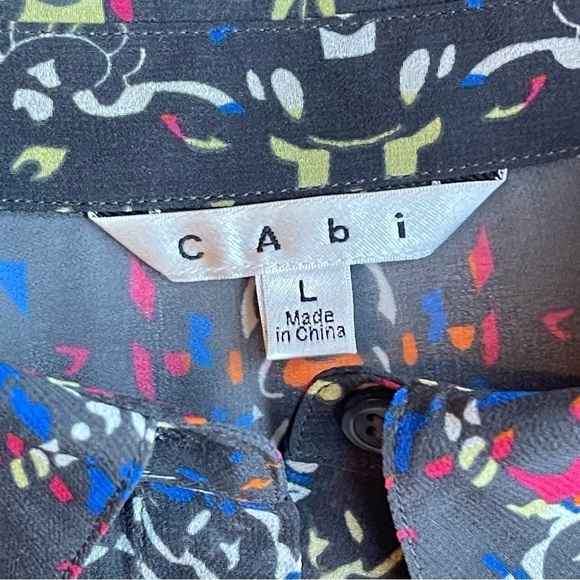 Cabi Women’s Size Large Festival Geometric Sheer gray Button Down blouse shirt - Picture 3 of 7